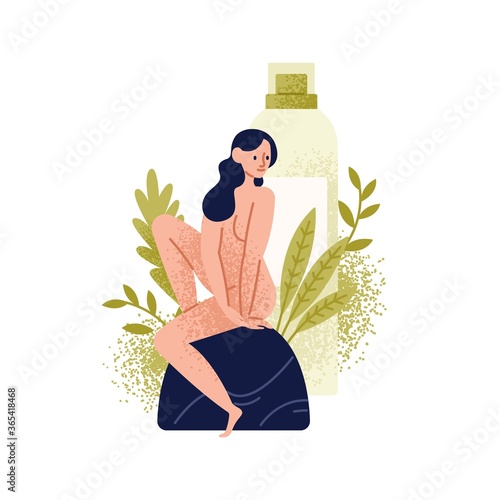 Naked woman sit on stone with giant bottle of lotion vector flat illustration. Female surrounded by tropical branches with tube of skin care cream isolated on white. Eco friendly organic cosmetics