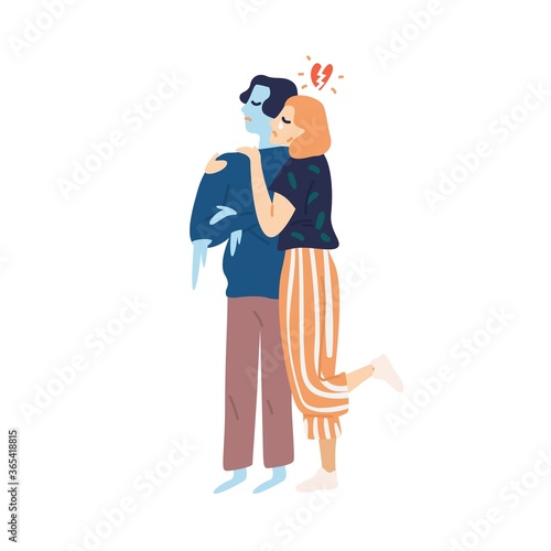 Crying girl hug cold avoidant male vector flat illustration. Woman with broken heart and coldness ignoring partner isolated on white. Nonreciprocal love, cooling senses, conflict or divorce