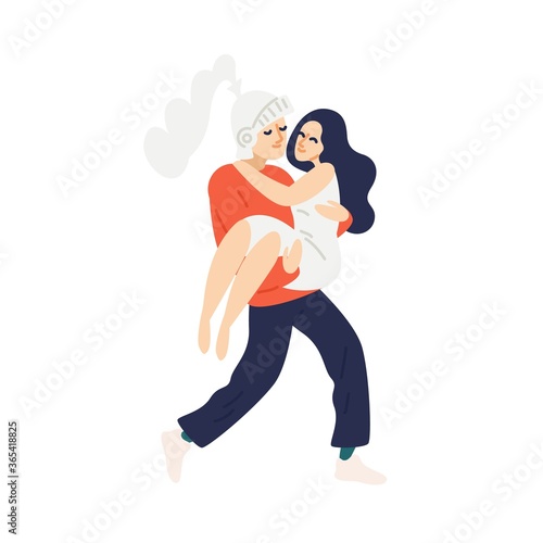 Fairy tale medieval knight carrying his lady vector flat illustration. Fantasy male in protective helmet rescuing princess isolated on white. Funny mythical couple feeling love and tenderness