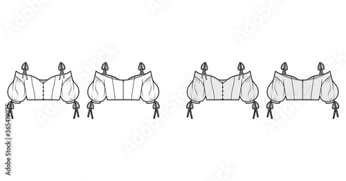 Lady cropped cold-shoulder top technical fashion illustration with voluminous sleeves, tie-fastening straps. Flat apparel blouse template front back, white, grey color. Women, men, unisex CAD mockup