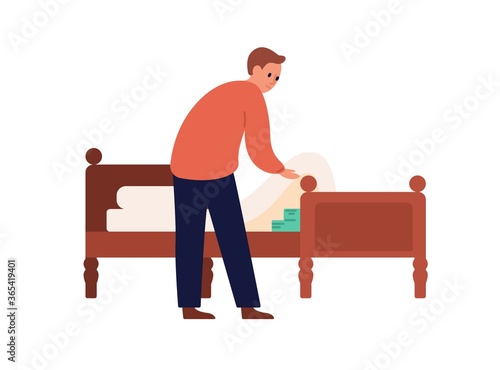 Man putting money under mattress vector flat illustration. Male trying saving income no trust financial institutions and banks isolated on white. Thrifty guy save cash at home