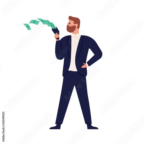 Rich stylish business male spending money vector flat illustration. Businessm...