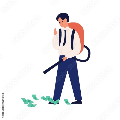 Happy businessman collect money use vacuum cleaner vector flat illustration. ...