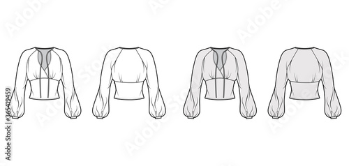 Blouse technical fashion illustration with long bishop sleeves, surplice neckline ties at front, fitted body. Flat apparel shirt template front back white, grey color. Women men, unisex top CAD mockup