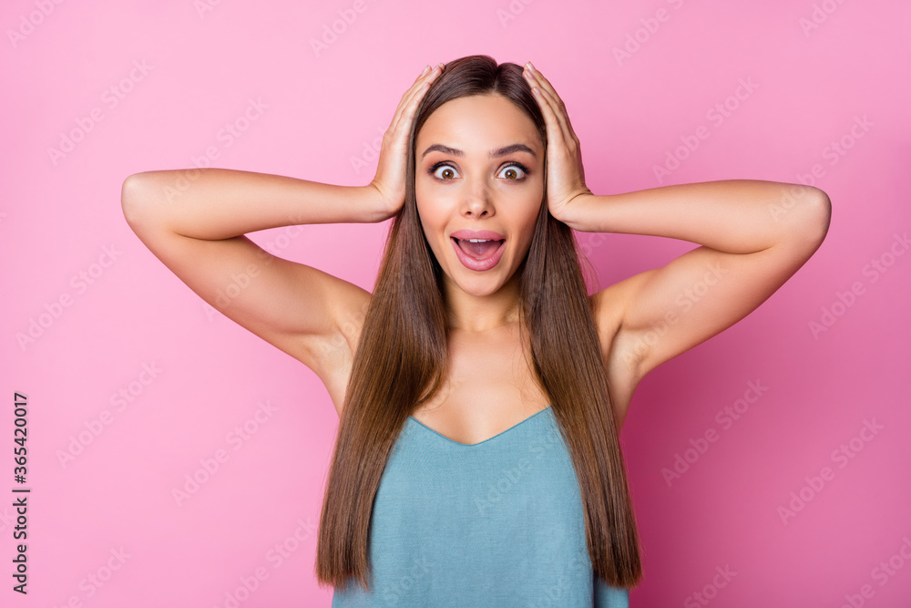 Portrait of astonished crazy funky youth girl late for black friday ads promo impressed touch hands head scream shout wear singlet isolated over pink color background Portrait of astonished crazy funky youth girl late for black friday ads promo impressed touch hands head scream shout wear singlet isolated over pink color background