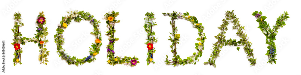 Flower, Branches And Blossom Letter Building English Word Holiday. White Isolated Background