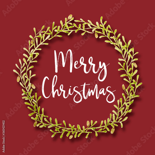 Watercolour painting decoration flowers and leaf frame with Merry Christmas text for Christmas eve holiday.