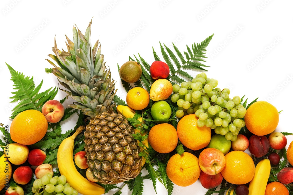 Pattern of various fresh fruit isolated on a white background