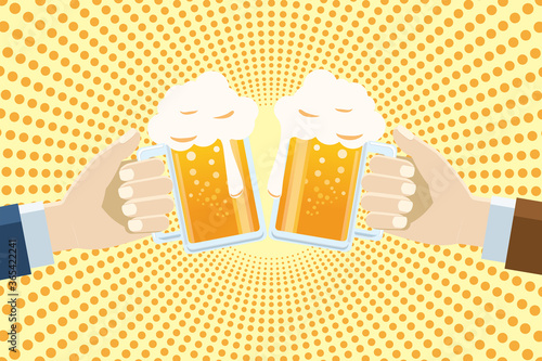Illustration of a toast with a mug of draft beer,background is a concentrated line