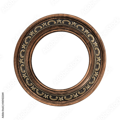 Wooden round frame for paintings, mirrors or photo isolated on white background. Design element with clipping path