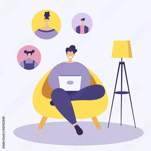 Video call conference while working from home, social distancing concept. Business discussion. Vector illustration.