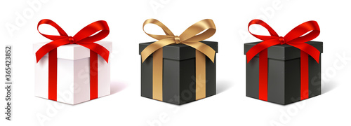 Set of decorative gift boxes isolated on white. Holiday decoration. Black friday sale collection. photo
