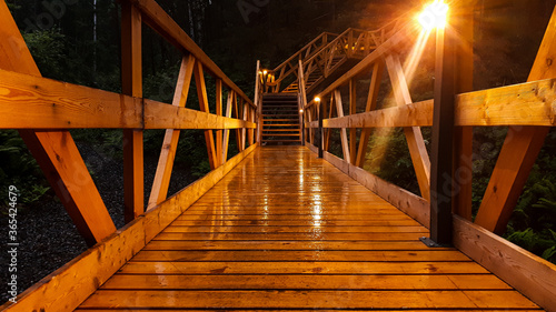 Fototapeta Naklejka Na Ścianę i Meble -  wet wooden stairs, wooden bridge in the rain in the evening is illuminated by beautiful light from lanterns, glare from a lantern on a wet tree