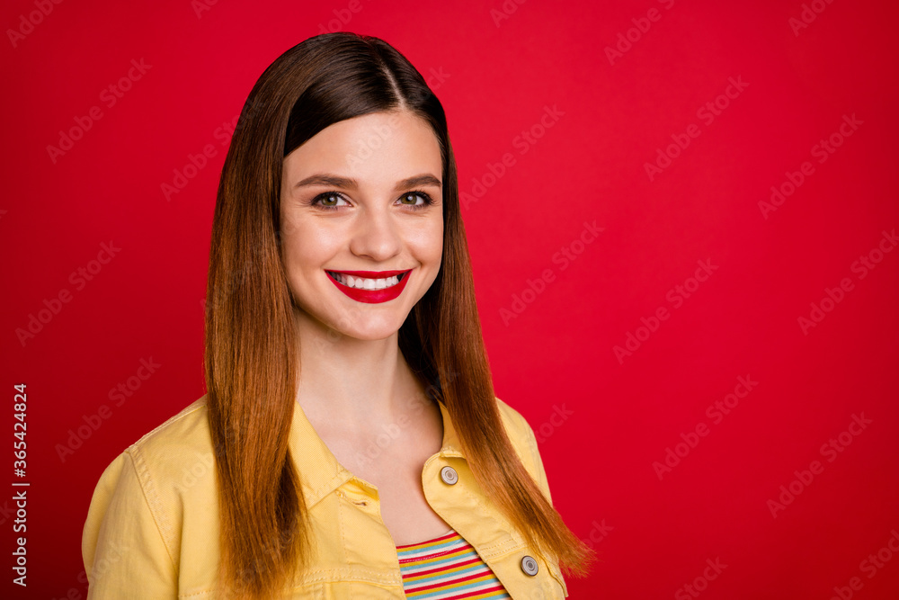 Closeup photo of attractive pretty amazing lady bright shiny pomade white toothy smile good mood wear casual yellow denim blazer jacket isolated vivid red color background Closeup photo of attractive pretty amazing lady bright shiny pomade white toothy smile good mood wear casual yellow denim blazer jacket isolated vivid red color background