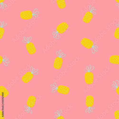 Pineapple hand drawn on pink pastel background. Seamless vector illustration.