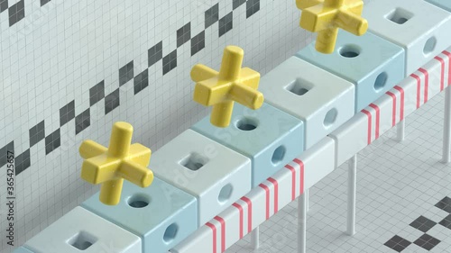 3d render of looped animation with geometric shapes fits into notches. Infinite animation. Satisfying calm video with cross going up and down.