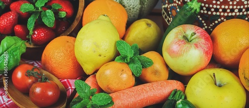 closeup of a rustic composition of fruit and vegetables