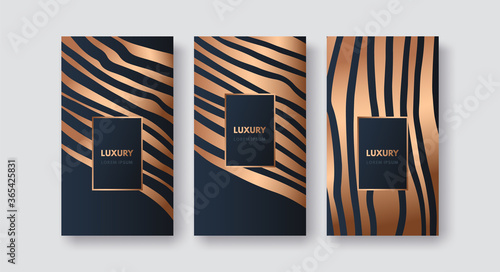 Vector set packaging templates with bronze lines pattern for luxury products, stories of social media, invitation, advertising, cosmetics, chocolate, wine. Isolated on black, blue background.
