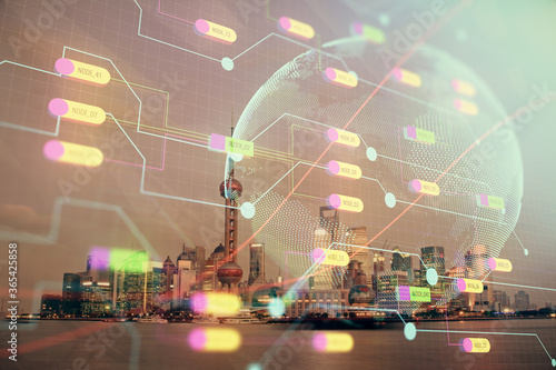 Photography Map and data theme hologram on city view with skyscrapers background double exposure