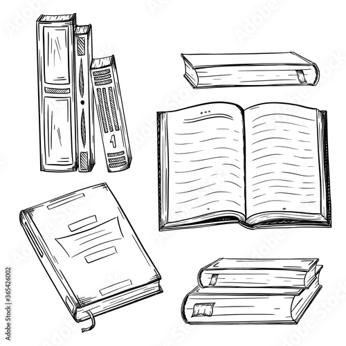 Collection of books. Hardcover books in a stack, open book, top view book in sketch style. Textbooks, literature, education, study. Black-white vector illustration. Hand drawn and isolated on white