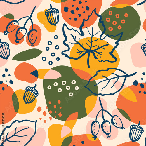 Abstract background with autumn elements, bright leaves, berries and acorns. Fall pattern with colorful shapes.