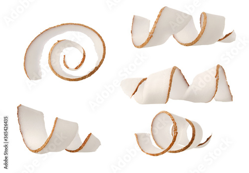 Coconut fruit spiral curl piece set isolated on white background photo