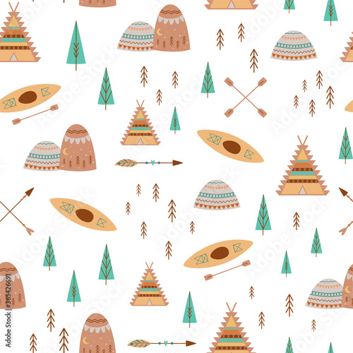 Mountain, trees, camp pattern in cute boho style teepee tent, kayak, adventure seamless pattern for kids camping