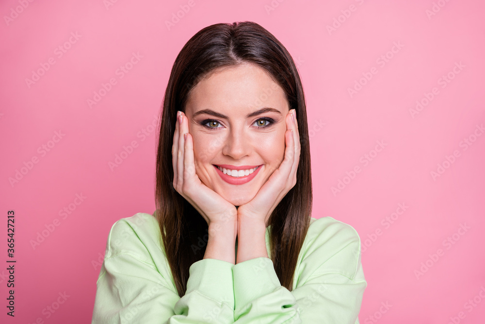 Portrait of charming lovely girl look toothy smile enjoy harmony imagination inspiration wear casual style clothes pullover isolated over pastel color background Portrait of charming lovely girl look toothy smile enjoy harmony imagination inspiration wear casual style clothes pullover isolated over pastel color background
