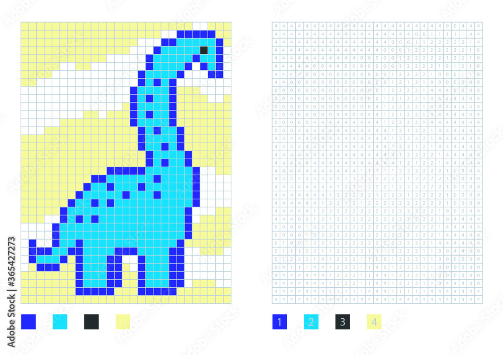 Pixel dinosaur cartoon in the coloring page with numbered squares. Barosaurus, vector illustration