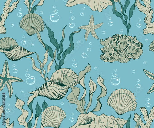 Seamless marine pattern with corals and algae
