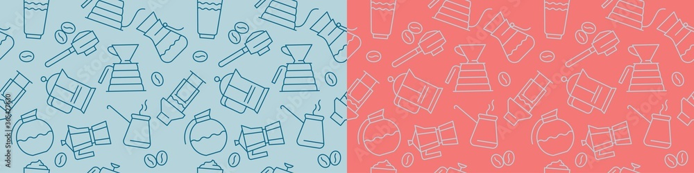 Coffee seamless pattern on pink backdrop. Specialty coffee ornament with vector illustrations in line style. Coffee background vector for creative label design, banner of farmers coffee shop.