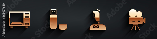 Set Microwave oven, USB flash drive, Joystick for arcade machine and Retro cinema camera icon with long shadow. Vector.
