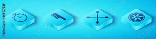 Set Isometric Stopwatch, Hairbrush, Leaf plant nature and Cotton swab for ears icon. Vector.