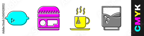 Set Lemon, Cream or lotion cosmetic tube, Cup of tea with tea bag and Glass with water icon. Vector.