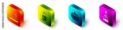 Set Isometric Scented spa stick, Cup of tea with tea bag, Sea salt in a bowl and Tea bag icon. Vector.