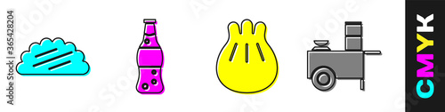 Set Taco with tortilla, Bottle of water, Khinkali on cutting board and Fast street food cart icon. Vector.