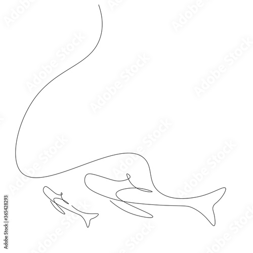 Whale on ocean line drawing. Vector illustration