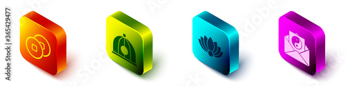 Set Isometric Chinese Yuan currency, Chinese hat, Lotus flower and Yin Yang and envelope icon. Vector.