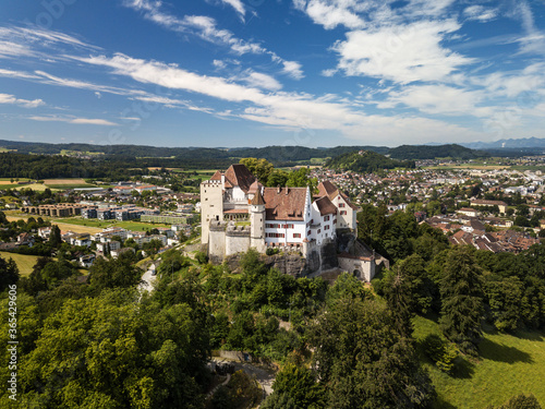 Aerial drone image of the Lenzburg castle, built in the 11 century, in Canton Aargau, Switzerland