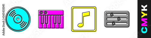 Set Vinyl disk, Music synthesizer, Music note, tone and Sound mixer controller icon. Vector.
