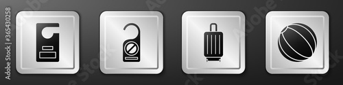 Set Please do not disturb, Please do not disturb, Suitcase and Beach ball icon. Silver square button. Vector.