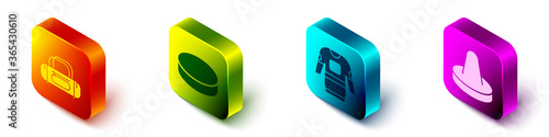 Set Isometric Sport bag, Hockey puck, Hockey jersey and Mallet for playing air hockey icon. Vector.