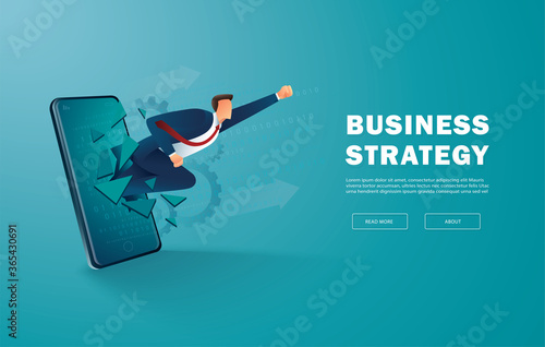 Businessman breakthrough mobile screen to successful vector illustration