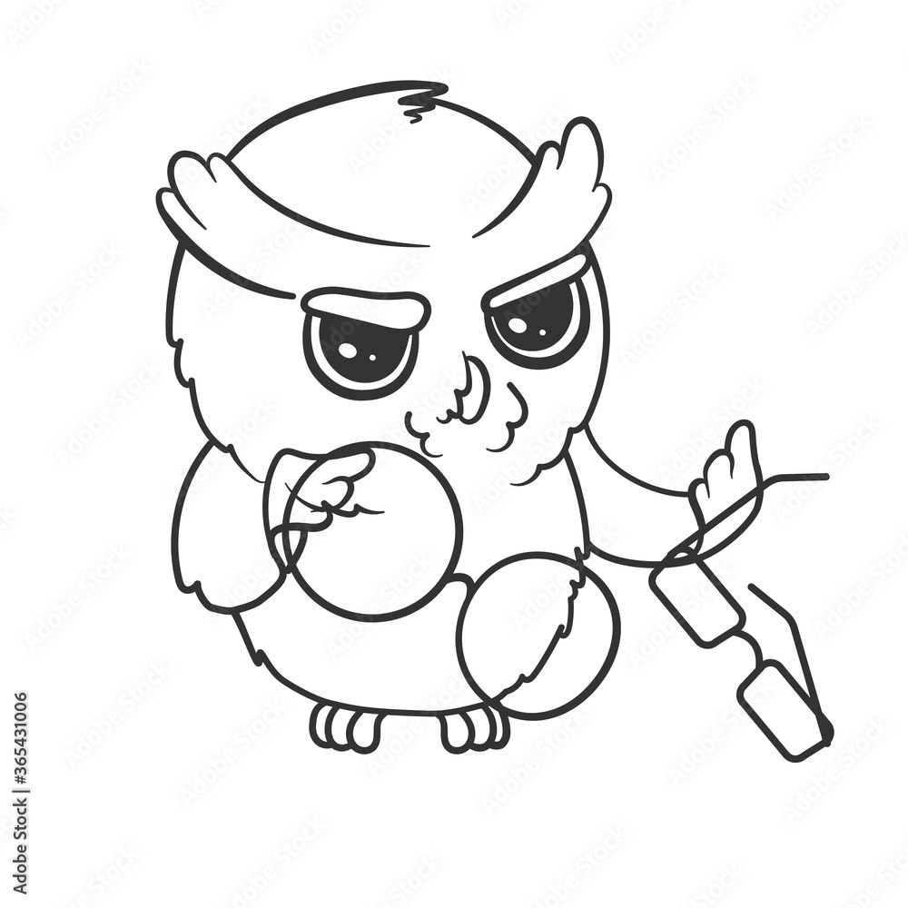 Cute cartoon owl chooses new glasses isolated on white background. Vector illustration for coloring book