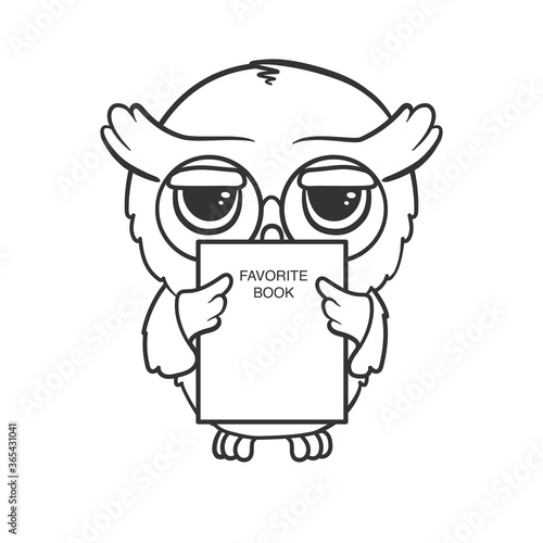 Cute cartoon owl with a favorite book isolated on white background. Vector illustration for coloring book