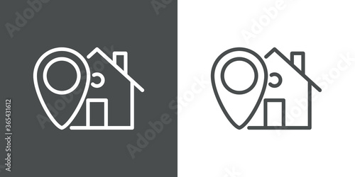 Concepto Real Estate. Logotipo lineal casa con puntero en fondo gris y fondo blanco