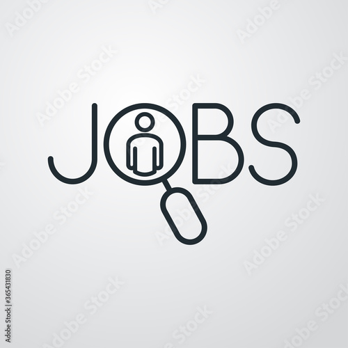 Concepto búsqueda de empleo. Icono plano lineal hombre en lupa con texto Jobs en fondo gris 