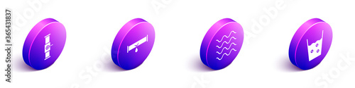 Set Isometric Industry pipe and valve, Broken pipe with leaking water, Wave and Glass with water icon. Vector.