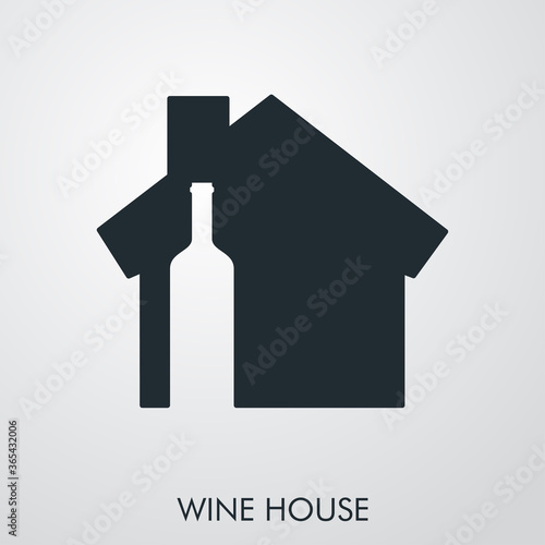 Logotipo con texto WINE HOUSE con silueta de botella de vino en casa en fondo gris