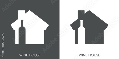 Logotipo con texto WINE HOUSE con silueta de botella de vino en casa en fondo gris y fondo blanco